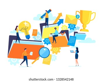 Vector illustration of people in zero gravity at work, business and document management, team thinking and brainstorming. Analytics information about the company