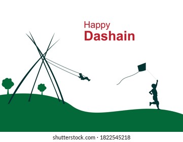 Vector Illustration of peoples celebrating Dashain festival by playing swing and flying kite.