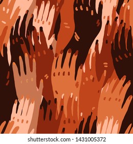 Vector illustration of a people's hands with different skin color together. Race equality, feminism, tolerance art in minimal style. Seamless tile pattern.