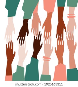 Vector illustration of a people's hands with different skin color together. Minimal flat style art.