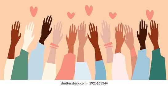 Vector illustration of a people's hands with different skin color together. Minimal flat style art.