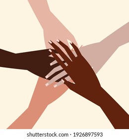 Vector illustration of people's hands with different skin color together. Minimal flat style.