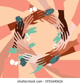 Vector illustration of a people's hands with different skin color together. Minimal flat style art.