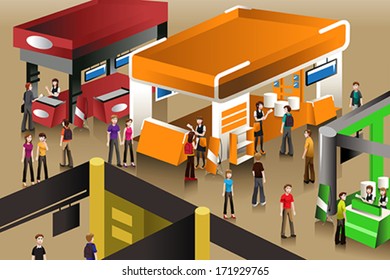 A vector illustration of peoples looking at an exhibition booths