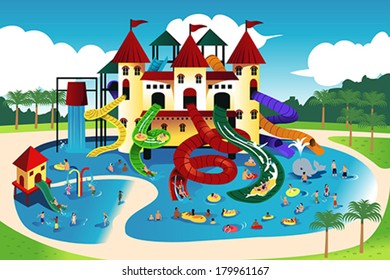 A Vector Illustration Of Peoples Playing In The Water Park