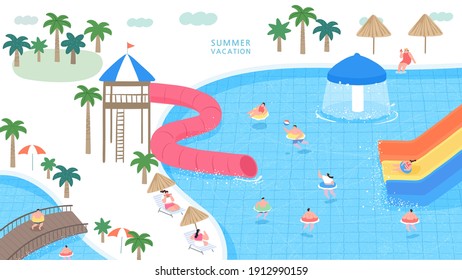 A vector illustration of peoples playing in the water park. 

