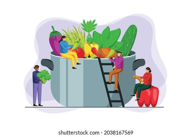 Vector illustration, peoples with a pot of lot organic foods and veggies background.