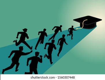 vector illustration of peoples running to big graduation hat