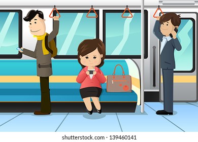 A vector illustration of peoples using cell phones in a train