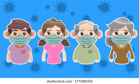 vector illustration of a peoples young and old model wearing medic masks