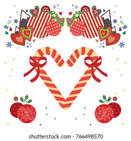 vector illustration of peppermint candy canes in heart shape with ribbons and decorative elements for Christmas parties and celebration greeting and invitation cards 