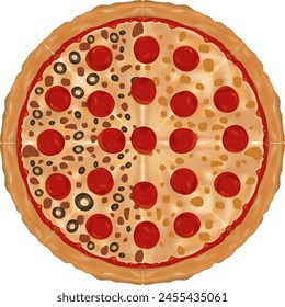 Vector illustration of a pepperoni and olive pizza.