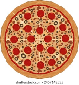 Vector illustration of a pepperoni and olive pizza.