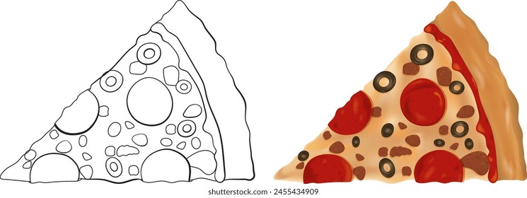 Vector illustration of a pepperoni pizza slice.