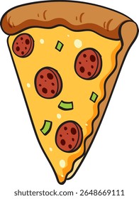 Vector illustration of a pepperoni pizza slice with cheese and green toppings in a cartoon style