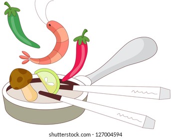 A vector illustration of peppers, shrimp, a mushrom and a lemon wedge in fry pan