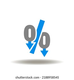 Vector Illustration Of Percent Symbol With Arrows Down. Icon Of Fees Reduce. Symbol Of Fee Reduction. Sign Of Comission Reduction.