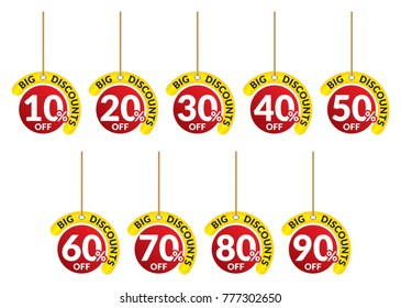 Vector Illustration of Percent Tags from 10 to 90. Suitable for discounts, sale and promotions
