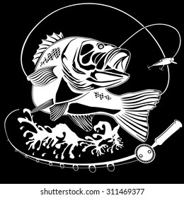 Vector illustration of perch fish and fishing rod. Vector illustration can be used for creating logos and emblems for fishing clubs, prints, web and other crafts.