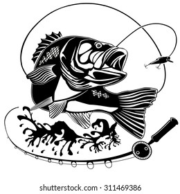 Vector illustration of perch fish and fishing rod. Vector illustration can be used for creating logos and emblems for fishing clubs, prints, web and other crafts.