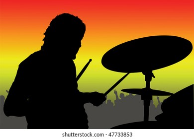 Vector illustration of percussionist black silhouette under the color background