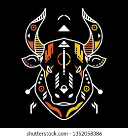 Vector Illustration. Perfect Bull Head in Black Background. Unique Lineart Style