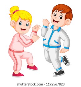 vector illustration of the perfect couple doing sport together and using the tracksuits