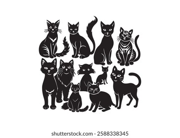 Vector Illustration, perfect for Halloween, cat lovers. Features various cat poses,