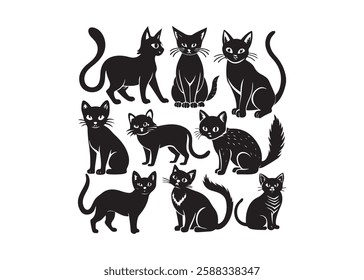 Vector Illustration, perfect for Halloween, cat lovers. Features various cat poses,