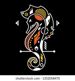 Vector Illustration. Perfect Seahorse in Black Background. Unique Lineart Style