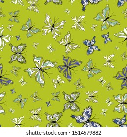 Vector illustration. Perfect for textile, wallpapers, web page backgrounds, surface textures. Seamless background of colorful butterflies on white, yellow and green colors.