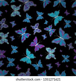 Vector. Vector illustration. Perfect for web page backgrounds, wallpapers, textile, surface textures. Seamless pattern. Of watercolor butterflies on white, blue and black background.