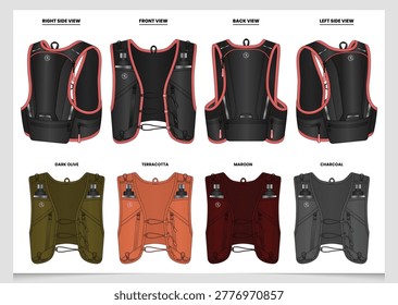 Vector Illustration of a Performance Running Vest Design with Multi-Angle Views for Apparel Production