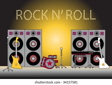 Vector illustration of the performance stage, decorated with the microphones, guitars, drums, loudspeakers and electronic keyboard.