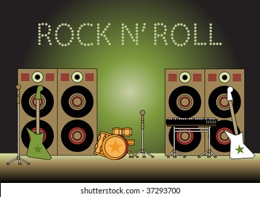 Vector illustration of the performance stage, decorated with the microphones, guitars, drums, loudspeakers and electronic keyboard.