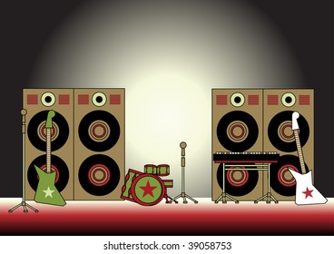 Vector illustration of the performance stage, decorated with the microphones, guitars, drums, loudspeakers and electronic keyboard.
