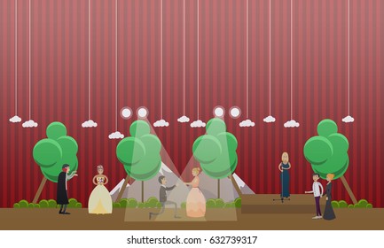 Vector illustration of performers staging Opera Dracula based on original novel by Bram Stoker. Flat style design.