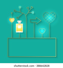 Vector illustration with perfume bottle and golden elements with lights. Fragrance with golden decorative elements. Vector illustration for holiday cards and shopping catalog. 