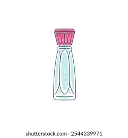 Vector illustration with perfume bottle icon in cartoon flat style. Glass transparent flask with blue liquid and pink cap. Aromatic perfume. Perfume cosmetics. Isolated background.