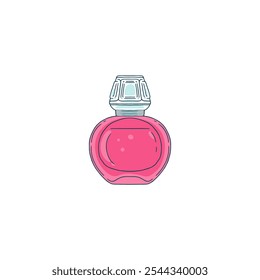 Ilustração vetorial com ícone de frasco de perfume no plano de fundo isolado. Frasco de vidro de cor rosa. Recipiente com perfume aromático. Estilo de desenho animado plano. Ícone para design. Minimalista.