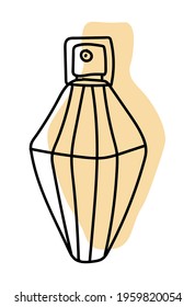 Vector illustration of a perfume bottle in line style. With a background of pastel colors in the form of a silhouette of perfume. Can be used as an icon, sign, sticker, logo.