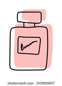 Vector illustration of a perfume bottle in line style. With a background of pastel colors in the form of a silhouette of perfume. Can be used as an icon, sign, sticker, logo.