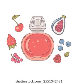 Ilustração vetorial do conjunto de frascos de perfume e ingredientes da baga. Garrafa com aroma de baga composta por cereja, mirtilo, figo, groselha e outros. Notas de aroma. Estilo plano. Plano de fundo isolado.