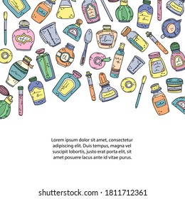 Ilustración vectorial con botellas de perfume, beakers y aceites esenciales. Colocar el texto. Preparación de perfumes.