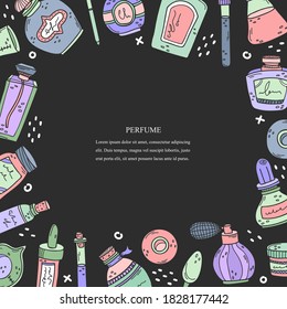 Ilustración vectorial con botellas de perfume, beakers y aceites esenciales. Colocar el texto. Preparación de perfumes.