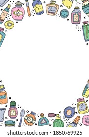 Vector illustration with perfume bottles, beakers and essential oils. Place for the text. Preparation of perfumes.