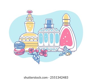 Ilustração vetorial de frascos de perfume, diferentes formas e ingredientes. Perfume cosméticos com diferentes notas de aroma, sakura, âmbar e macaroons em um fundo azul. Estilo plano.