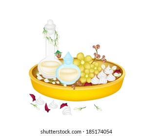 Vector Illustration of Perfume, Soft Prepared Chalk and Simpor Flowers with Jasmine and Roses Corolla in A Golden Tray for Songkran Festival on Thailand New Year. 