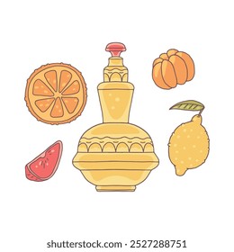 Ilustración vectorial con botella de vidrio vintage de perfume con fragancia de naranja y limón. La frescura de los cítricos es ideal para crear una atmósfera vigorizante.