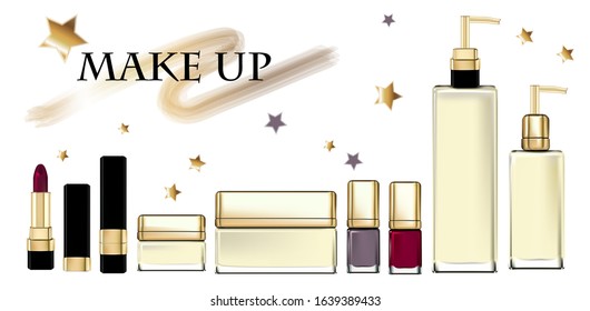 Vector illustration of perfumes. Set of bottles with gold elements. Isolated image of varnish, spray, cream, lipstick.